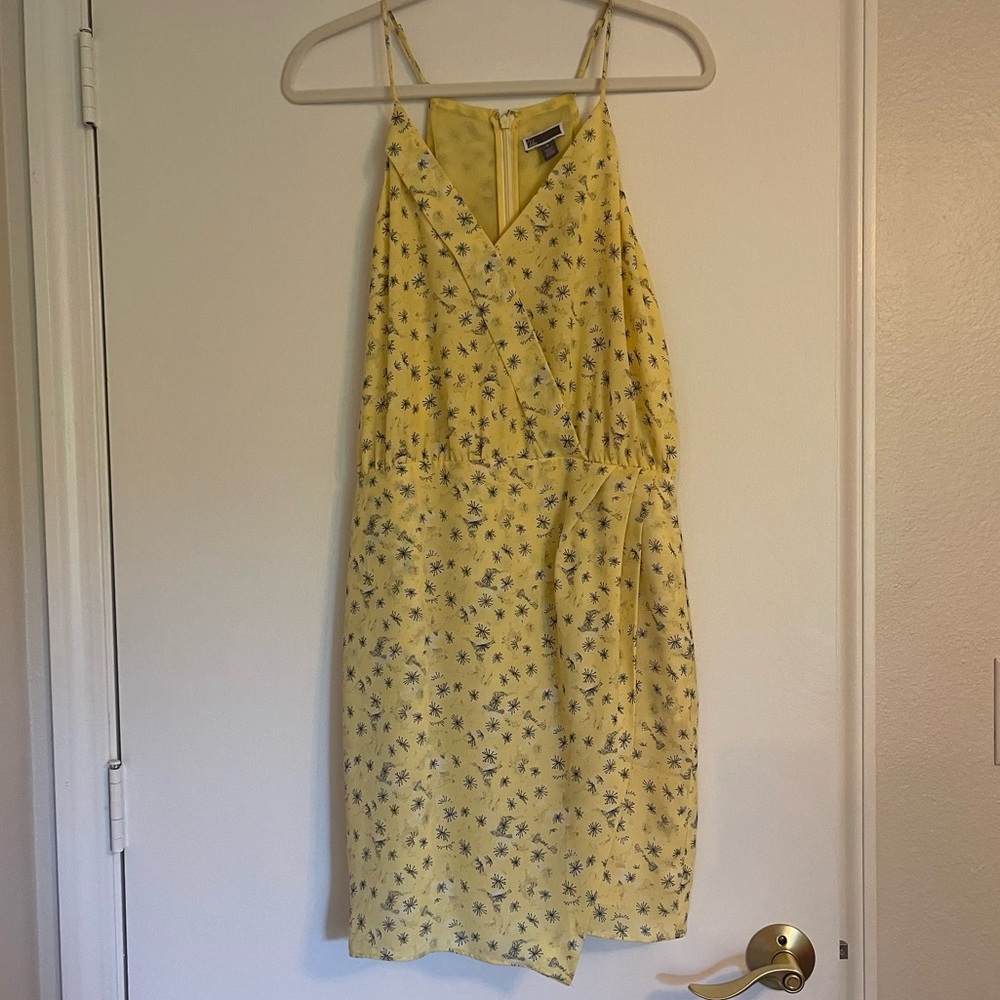 Yellow Print Faux Wrap Mini Dress with Pockets